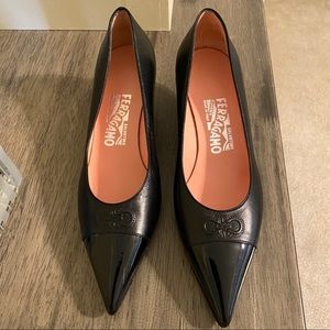 Ferragamo kitten heels 5.5 black leather logo